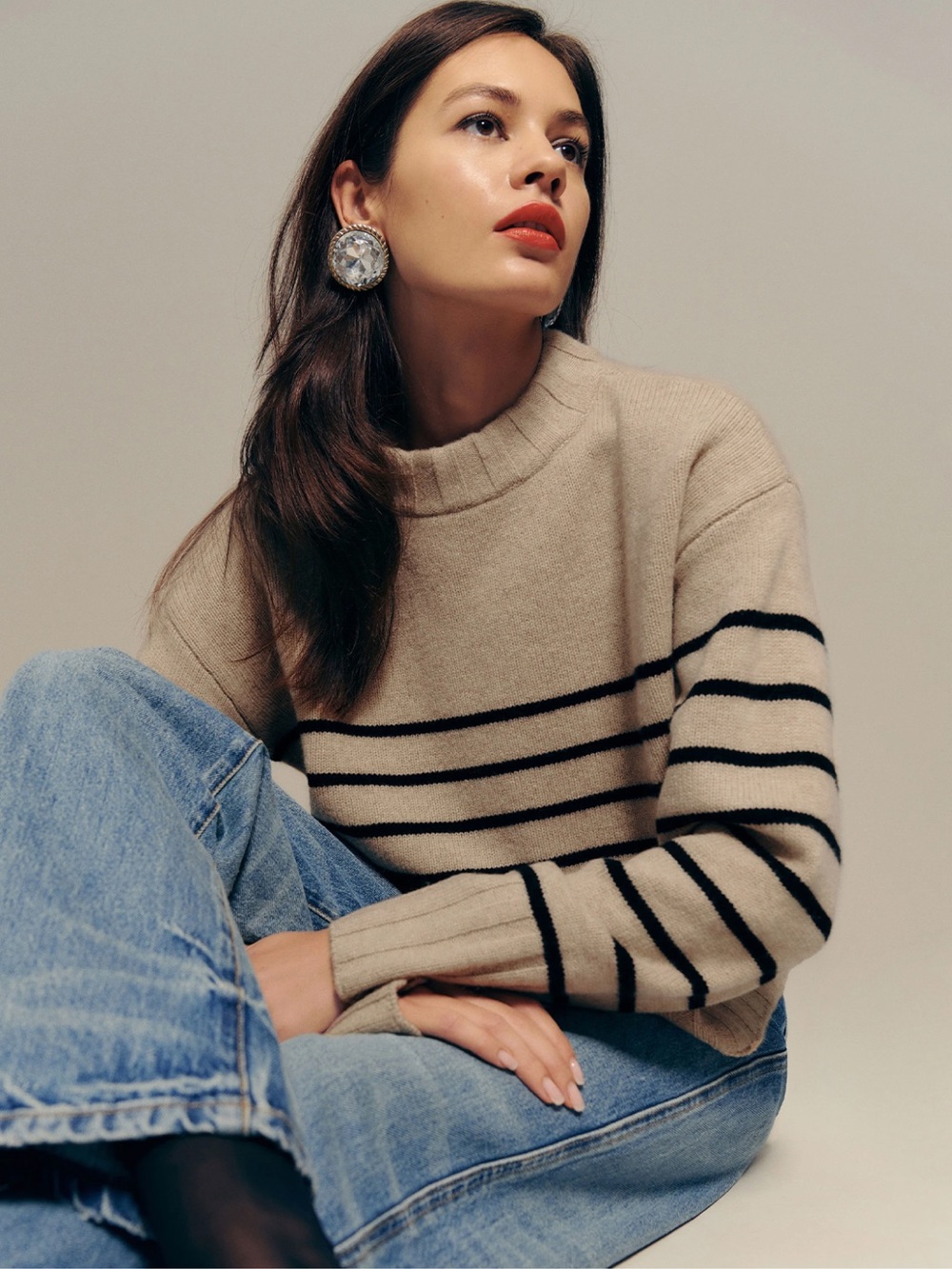 Reformation Mer regenerative wool mock neck sweater camel with stripes size s